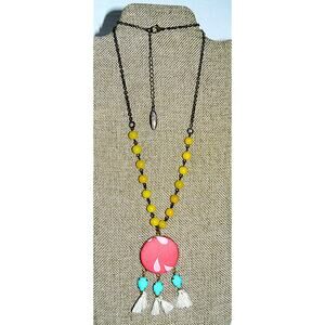 Plunder Design Boho Tassel Statement Necklace Yello Beads Fabric Covered Pendant